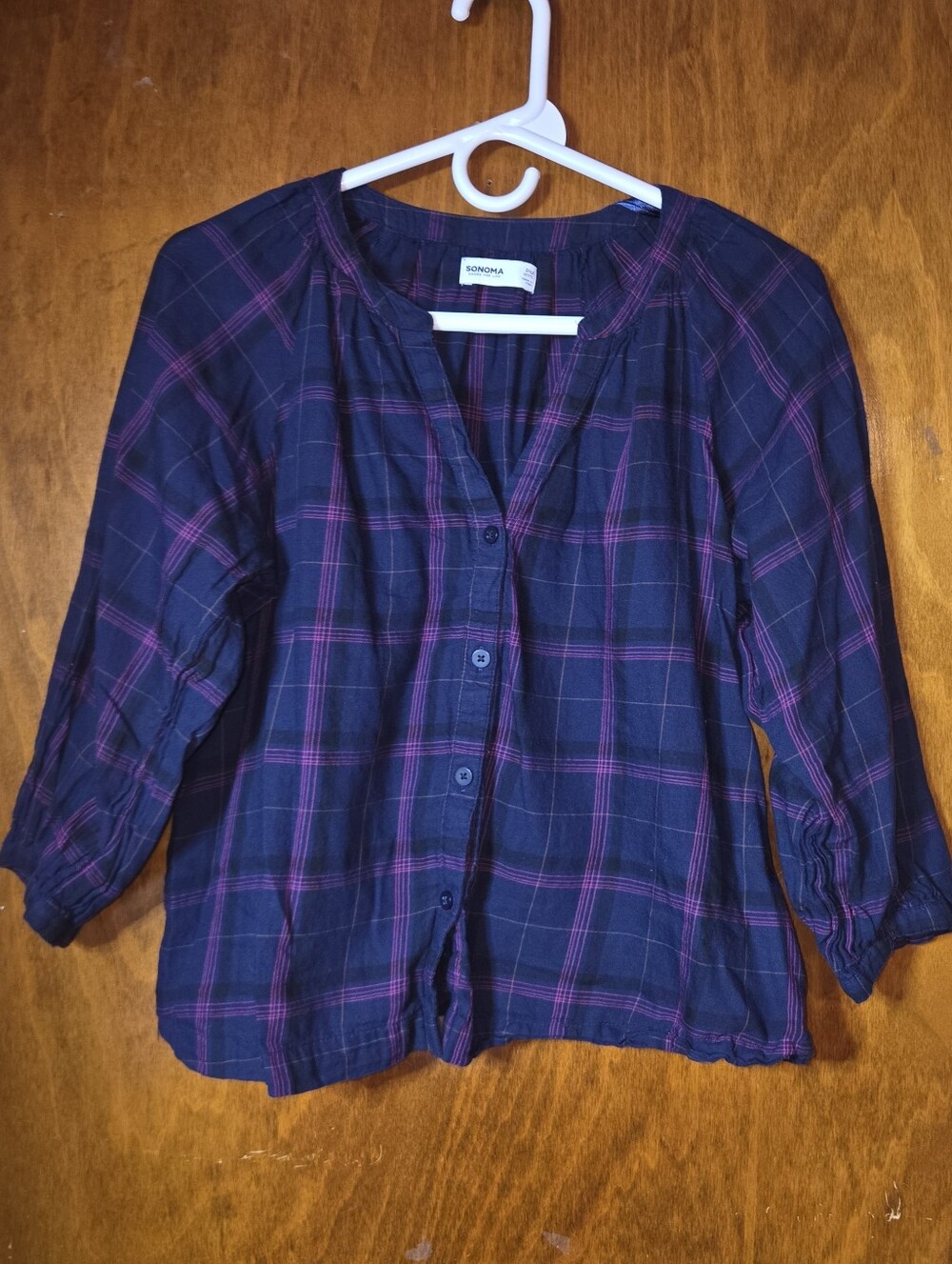 Sonoma Goods For Life Navy & Magenta Plaid Peasant Blouse - PM